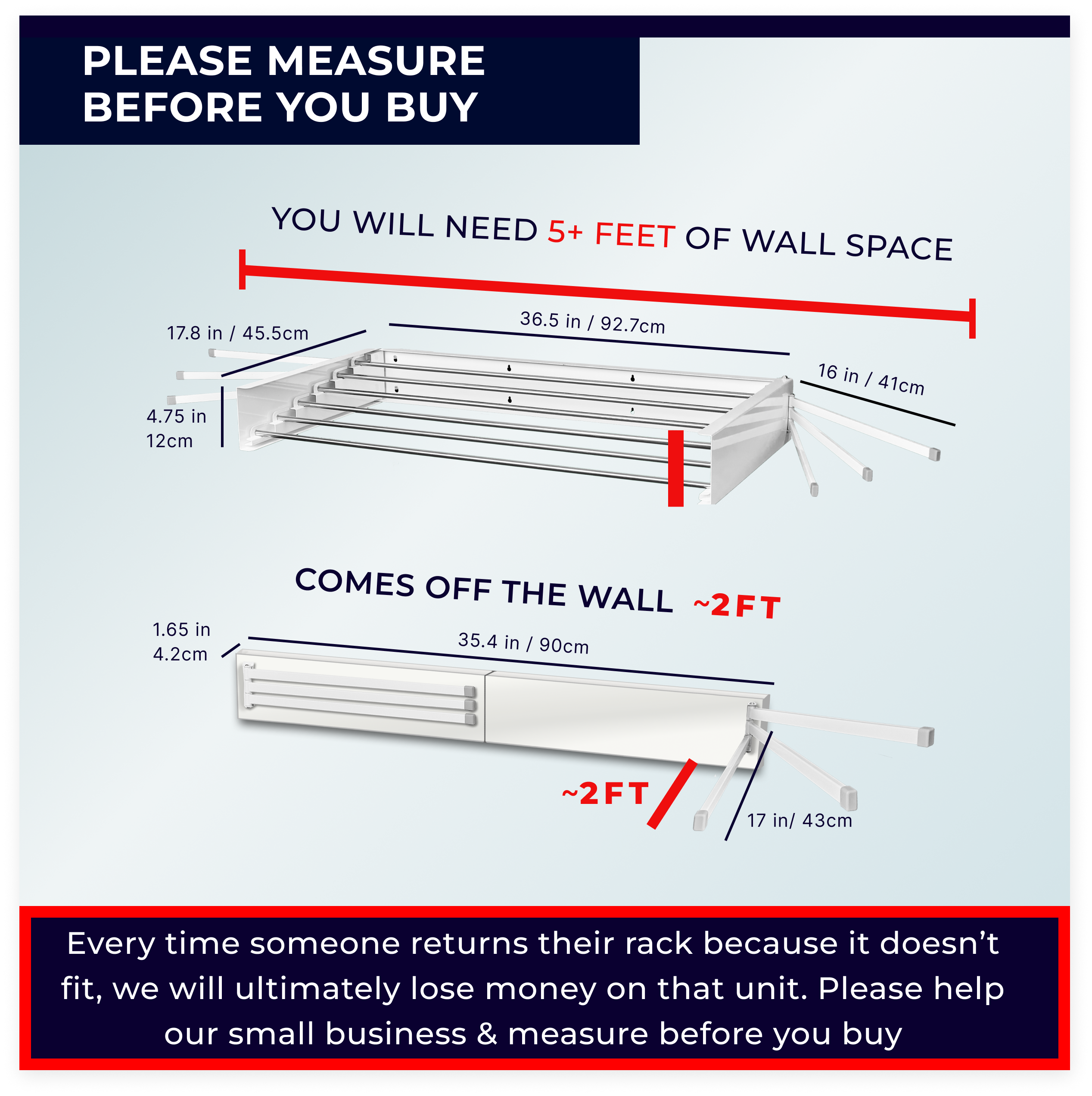 Measurement chart for a collapsible wall drying rack with dimensions