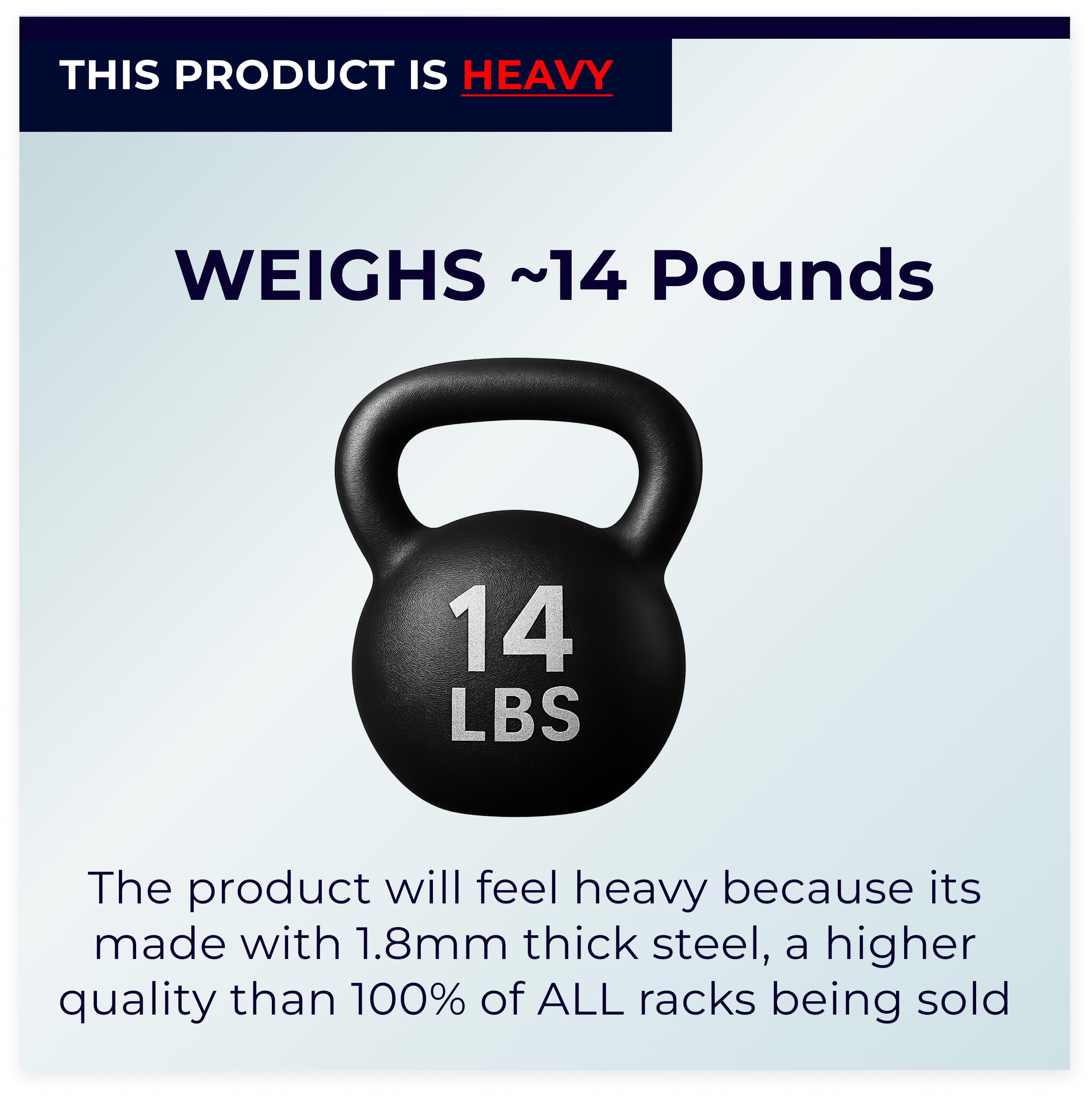 Black kettlebell weighing 14 pounds with text about its weight and material - Displaying premium quality.