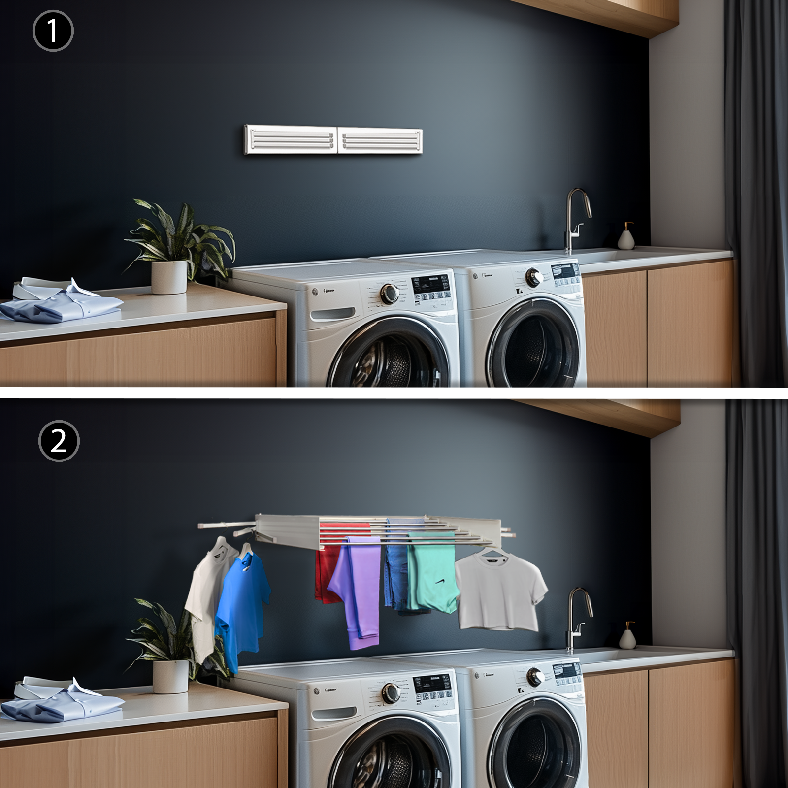 Laundry room with washing machines and a clothes drying rack with hanging clothes mounted to the wall.