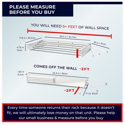 Measurement chart for a collapsible wall drying rack with dimensions