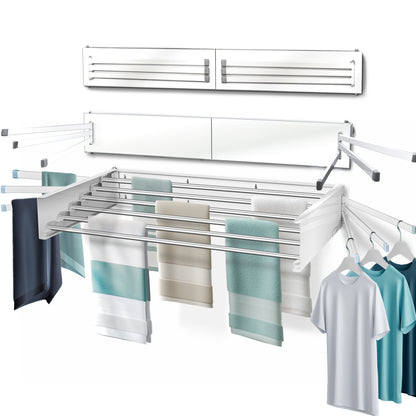 A wall-mounted laundry drying rack with six rotating arms, some of which are extended, displaying various colored towels and shirts.