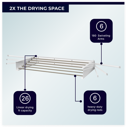 Feature highlights on clothes drying rack - 26 linear feet of drying space and 75Lb capacity
