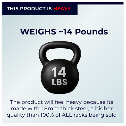 Black kettlebell weighing 14 pounds with text about its weight and material - Displaying premium quality.
