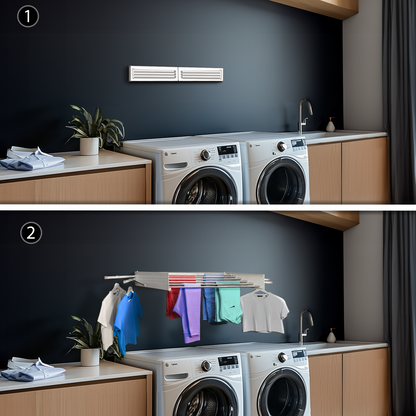 Laundry room with washing machines and a clothes drying rack with hanging clothes mounted to the wall.