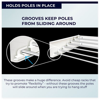 Diagram showing how grooves hold 6 poles in place on a drying rack.