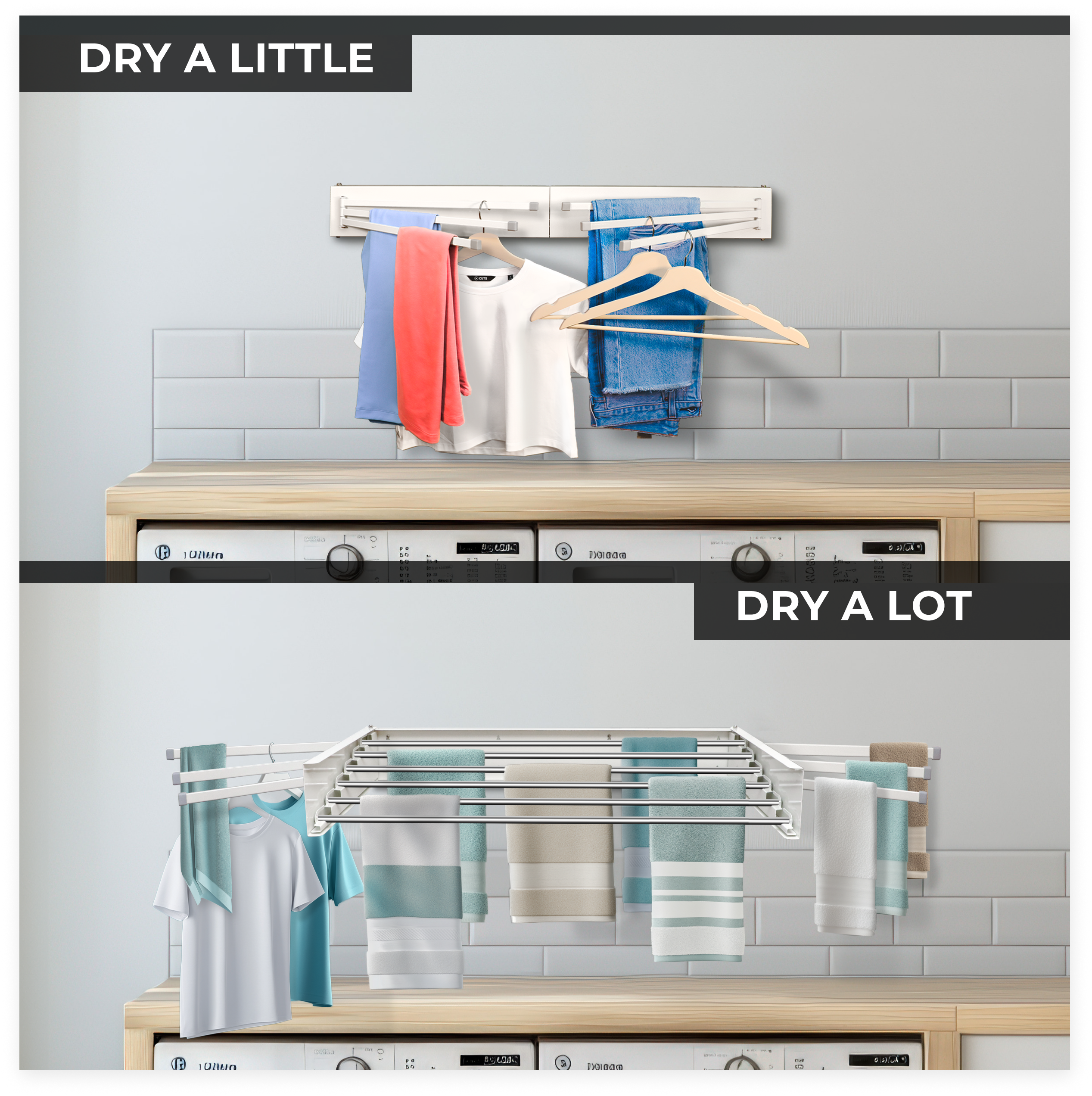 Comparison of a small drying rack with clothes and a larger one with more clothes, set against a tiled wall.
