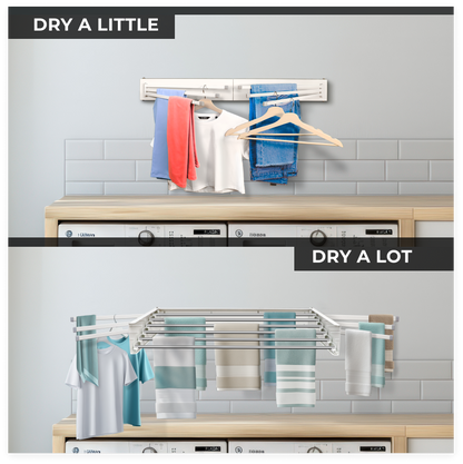 Comparison of a small drying rack with clothes and a larger one with more clothes, set against a tiled wall.
